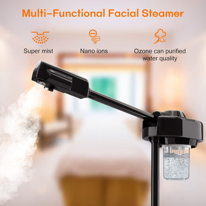 Ozone Facial Steamer with Stand on Wheels – Professional Hot Mist Deep Pore Cleansing Skin Hydration Machine for Home Salon Spa, Adjustable Rolling Stand