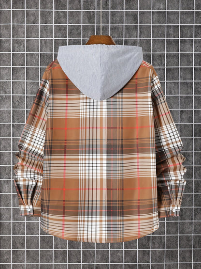 Men's Plaid Long Sleeve Hooded Shirt - Stretch