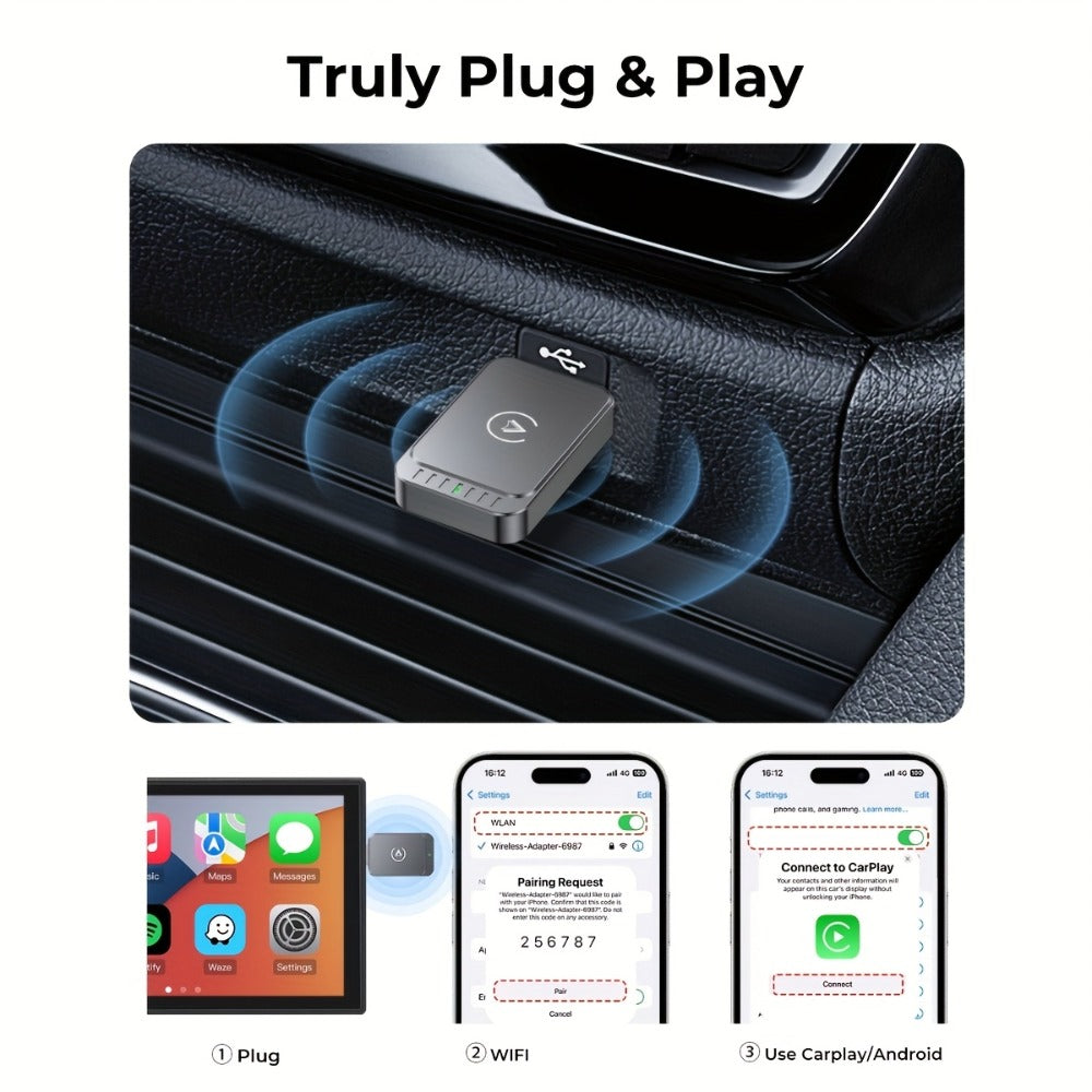 Wireless CarPlay & Android Auto Adapter – 2-in-1 Wired to Wireless AI Box, 2.4G/5GHz Dual Band, Compatible with 99% OEM Car Systems, iPhone iOS 10+ & Android 11+