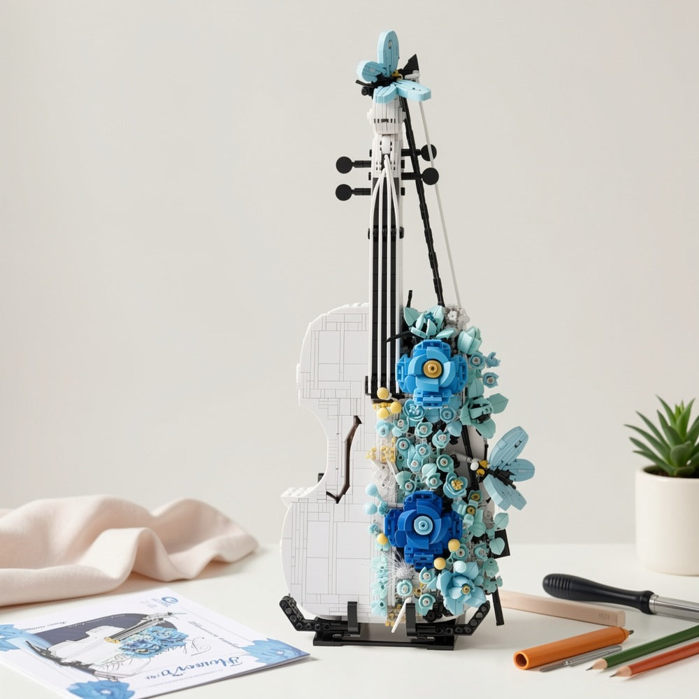 Flower Violin Building Block Set 1419pcs – 3D Musical Instrument Brick Model for Adults & Teens, Elegant Home Office Decor Display, Unique Birthday Father's Day Christmas Gift for Music Lovers