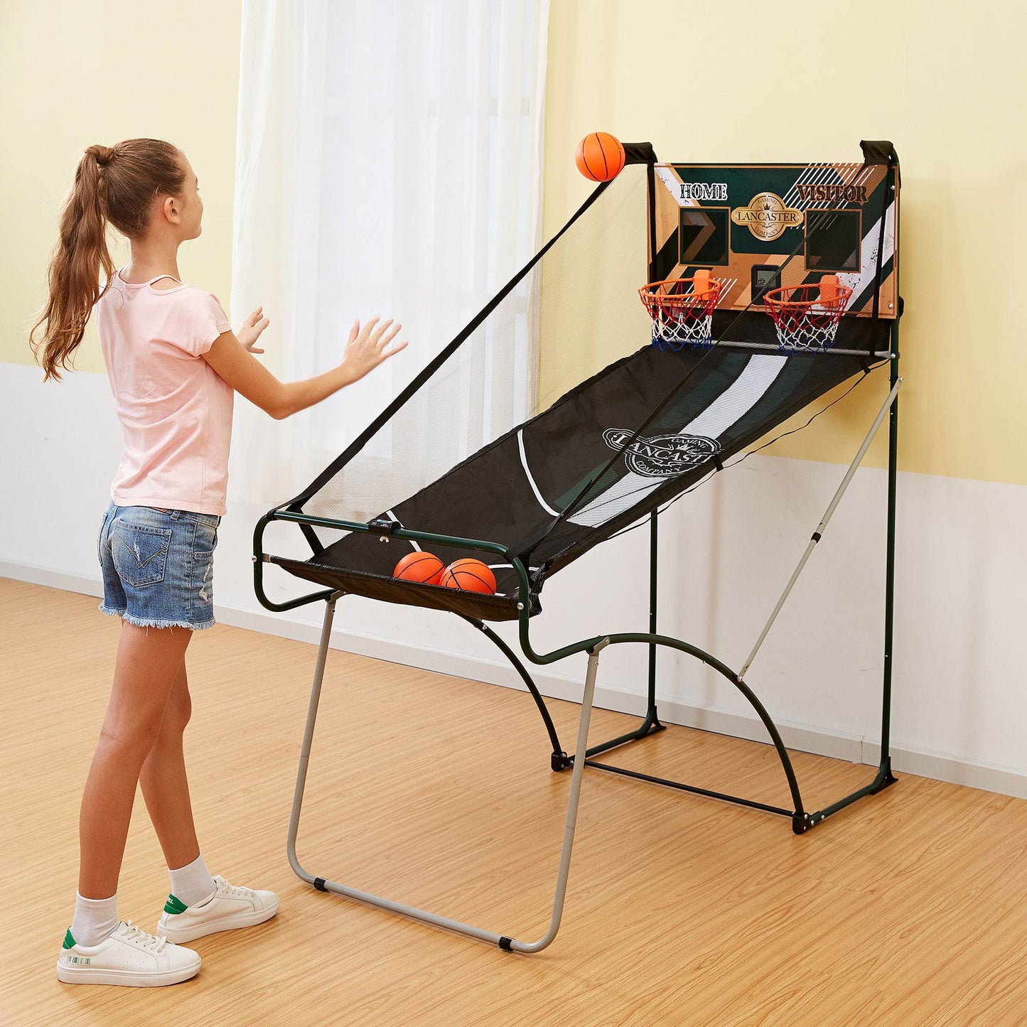 2 Player Indoor Basketball Arcade Game EZ Fold - Dual Hoop Shot Challenge with LED Scoring, 8 Game Modes, 3 Basketballs & Air Pump, Foldable Frame 60x25.5x63 Inch, Home Game Room Family Fun
