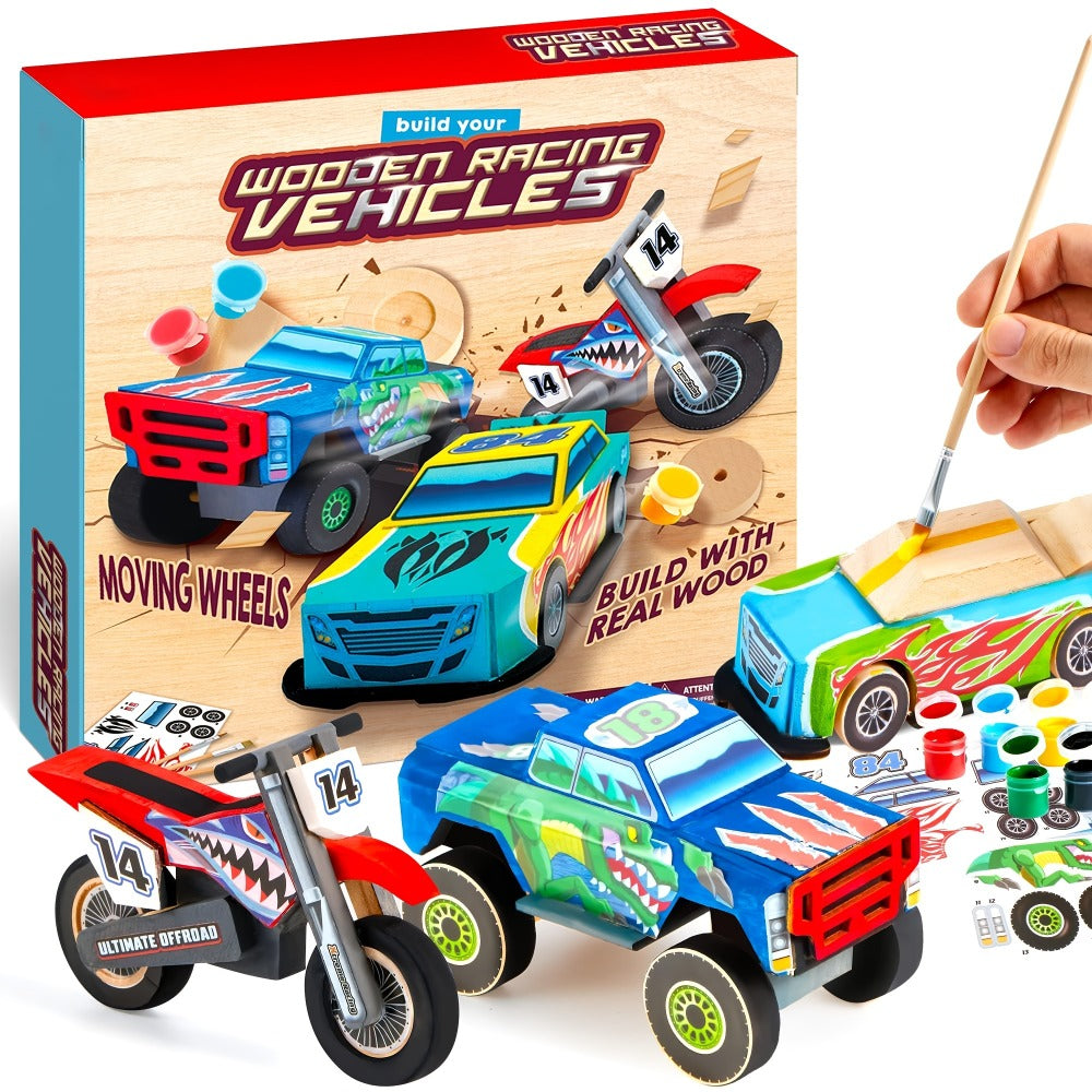 Build and Paint Wooden Vehicle Kit for Kids 144 Pieces – Race Car Motorcycle Monster Truck, 12 Colors 3 Brushes Racing Decals, STEM Craft Gift for Boys Ages 6 7 8 9 10