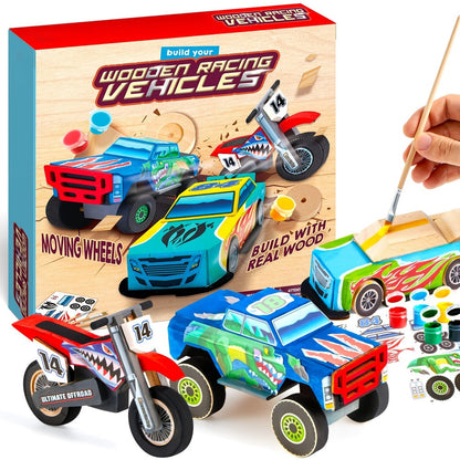 Build and Paint Wooden Vehicle Kit for Kids 144 Pieces – Race Car Motorcycle Monster Truck, 12 Colors 3 Brushes Racing Decals, STEM Craft Gift for Boys Ages 6 7 8 9 10