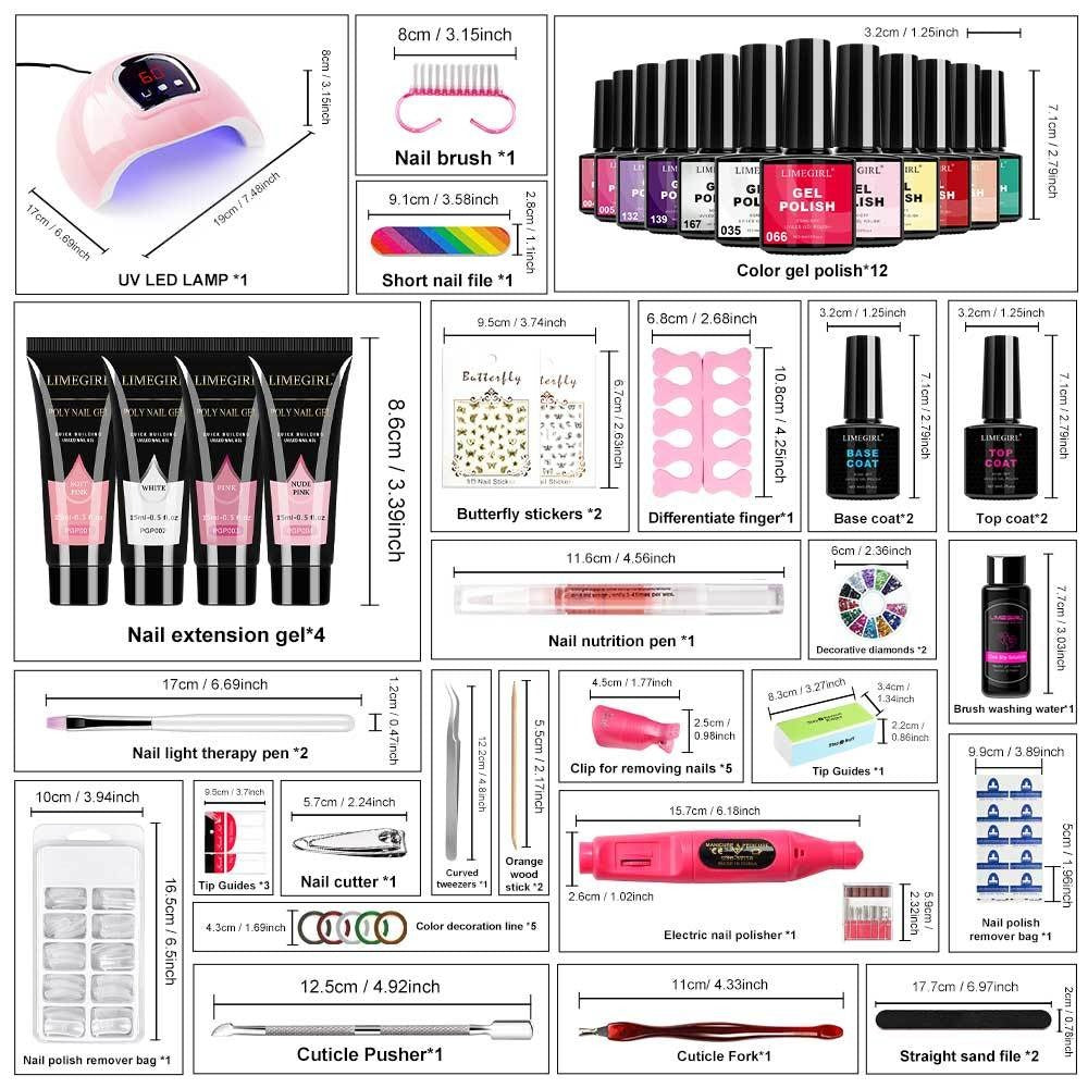Gel Nail Polish Kit with UV Lamp & Electric Nail Drill - 12 Colors Gel Polish Set, Poly Extension Gel, Top & Base Coat, Glitter Nail Art Complete Starter Set for Home Salon, Beginner Gift