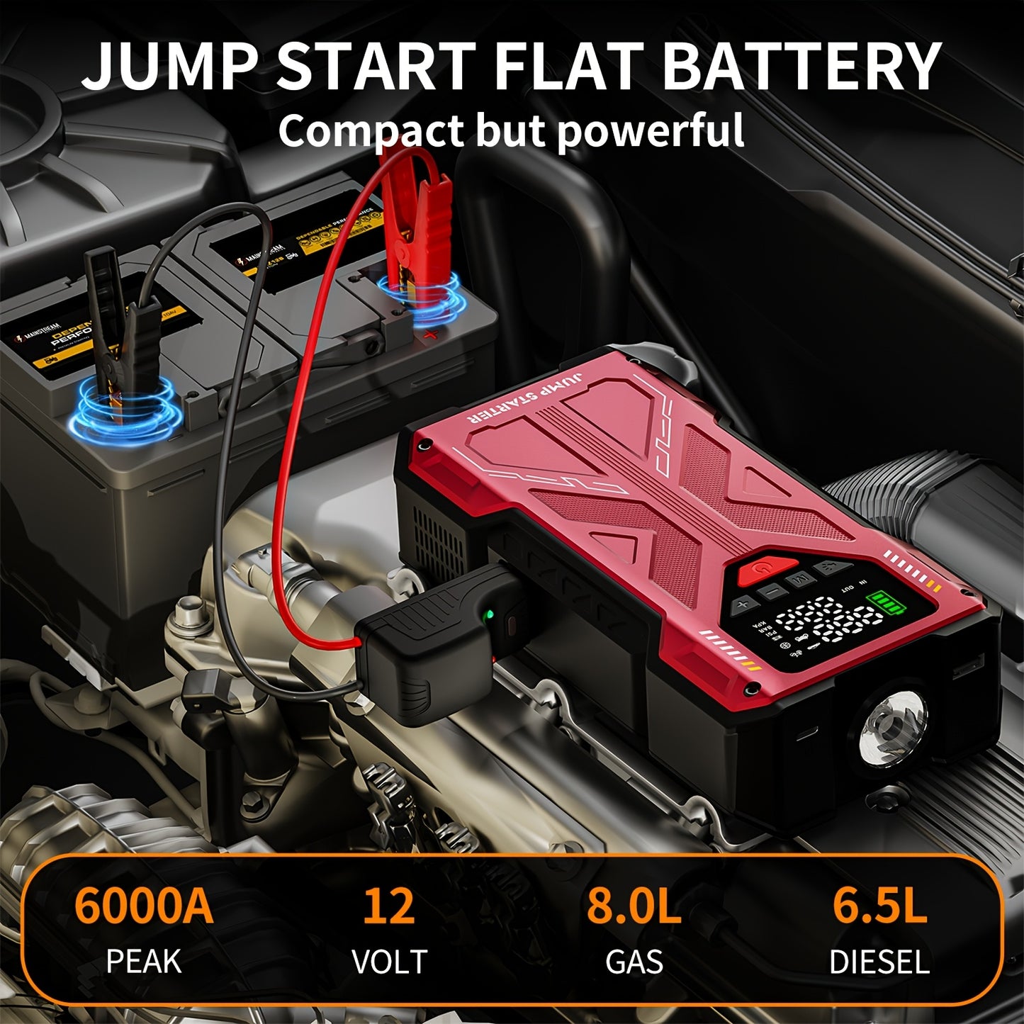 Jump Starter with Air Compressor 5000A/7000A Peak – 150PSI Digital Tire Inflator, Portable Battery Pack for 10L Gas & Diesel, Quick Charge USB & LED Emergency Light