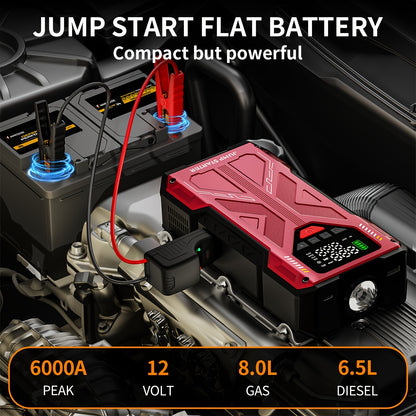 Jump Starter with Air Compressor 5000A/7000A Peak – 150PSI Digital Tire Inflator, Portable Battery Pack for 10L Gas & Diesel, Quick Charge USB & LED Emergency Light