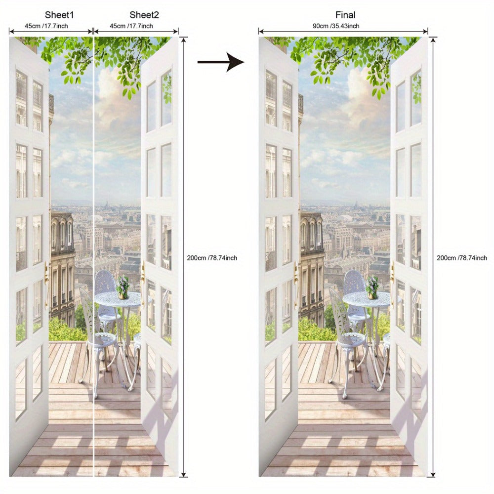 Door Sticker Balcony Scenery Wall Mural – Removable Waterproof Peel & Stick Large Wall Art for Bedroom & Living Room, Faux Window View Home Decor, 35.43 x 78.74 Inches