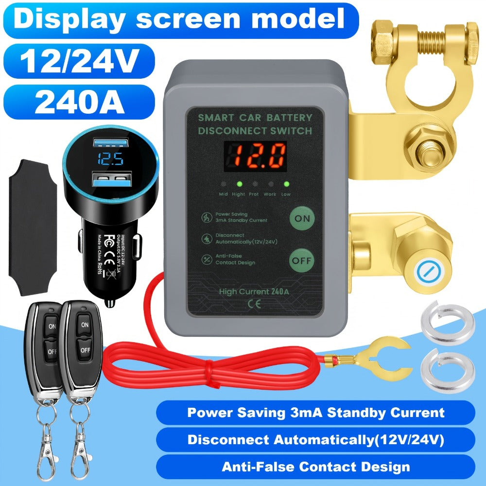 Car Battery Auto Power Off Switch with LED Voltage Display - 12V/24V Anti-Drain Protection, Low Voltage Alarm, 240A Remote Control Battery Disconnect