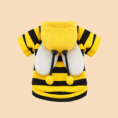 Dog Costume Hoodie Bee Design - Warm Winter Pullover with Black & Yellow Stripes and White Pom-Poms for Small Dogs, Soft Pet Sweater for Halloween Christmas Parties, XS to XXL