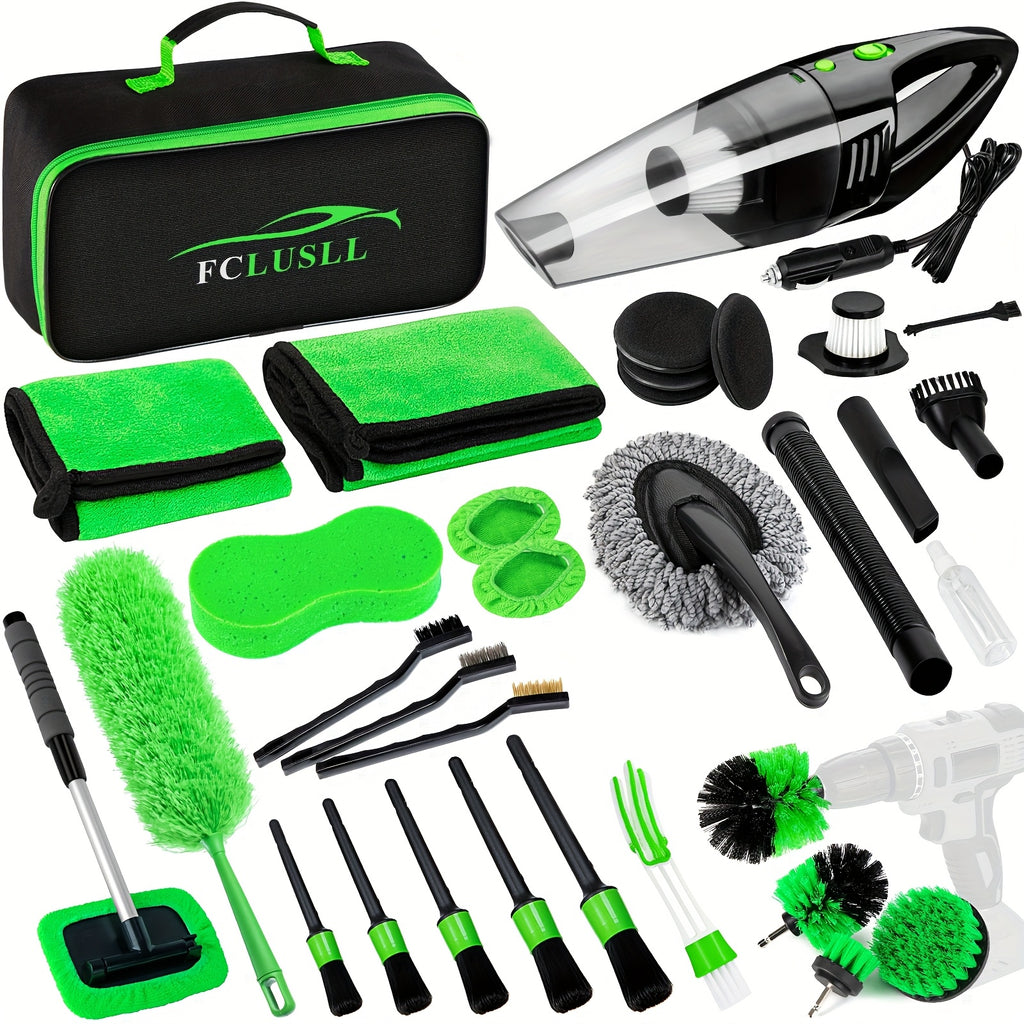 FCLUSLL 17/24/29/32/35pcs Car Cleaning Kit, Including Portable Vacuum Cleaner, Windshield Cleaning Tool, Car Drill Brush Set, Interior Brush Set, Full Interior Care Set, Cleaning Set, Holiday Gift for Family And Friends