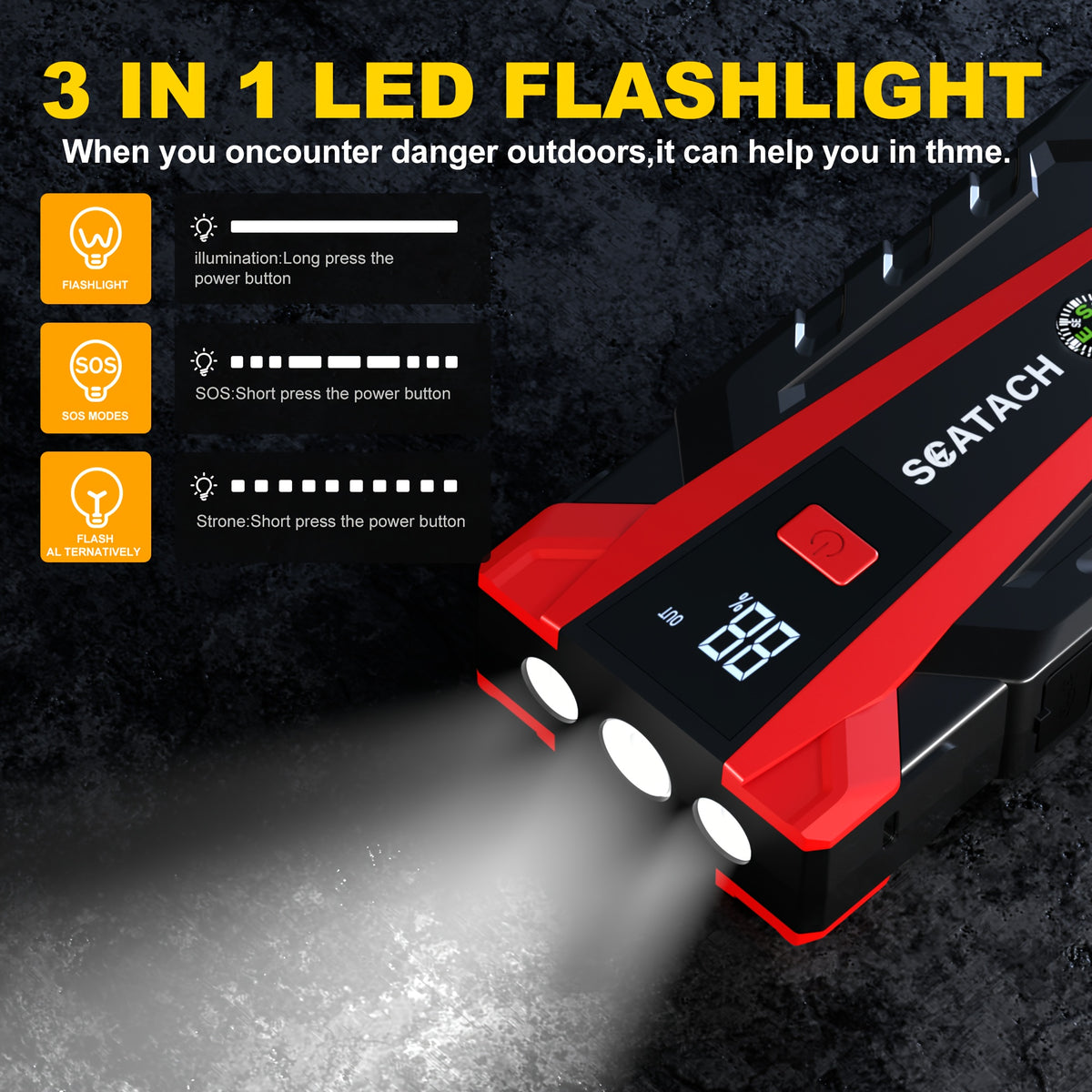 The Car Emergency Starter Power Supply Comes with A Digital Tire Pressure Gauge And Air Pump, A Window Breaker Hammer, And Is Suitable for 12V Cars, Trucks, SUV, Rvs, And Motorcycles. It Features A Multi-Functional Portable LED Display, SOS