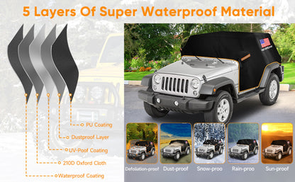 Jeep Wrangler Half Car Cover Waterproof 210D Oxford Fabric – Reflective Strip Windproof Straps for JK JL JKU JLU 2-Door & 4-Door 2007–2024