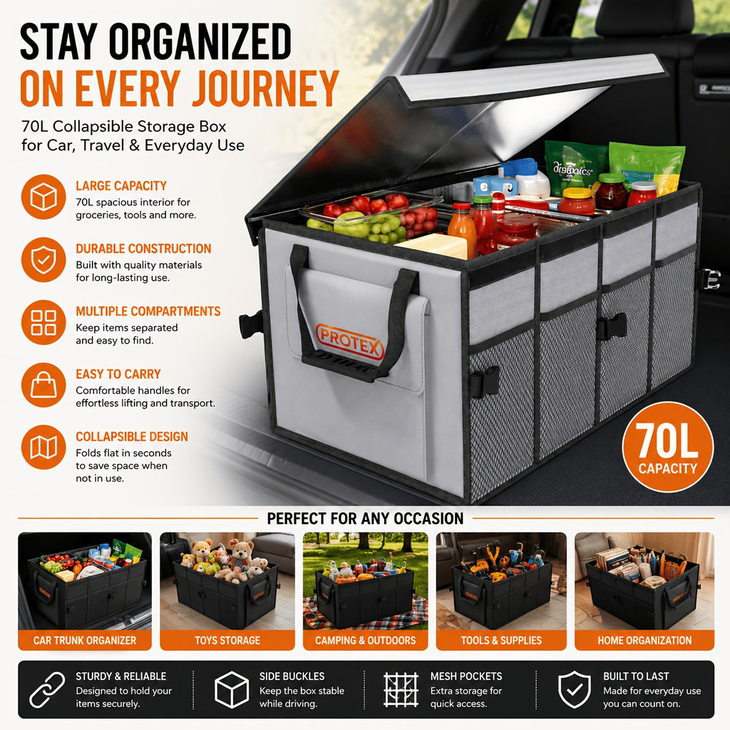 PROTEX Multifunctional Car Trunk Ice Pack (70 Liters) - Foldable with Lid, Cold And Heat Insulation, Large Capacity Organizer - Black Gray