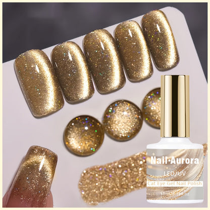 Cat Eye Gel Polish Shooting Star Golden Glitter – Ultra-Bright Vivid Dazzling Light-Shifting Effect, Salon-Grade LED/UV Soak-Off High-Gloss Nail Art Gel for Women Home & Salon Manicure