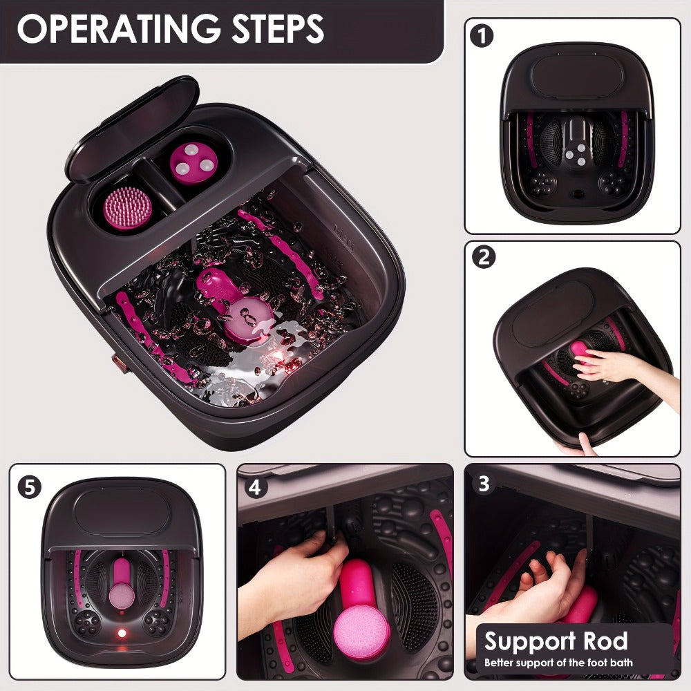 Collapsible Foot Spa Bath with Heat Bubble Massager & Remote Temperature Control - 3 Pedicure Attachments Foldable Foot Soak Tub with Handle for Home Relaxation Pedicure, Gift for Women, Rose Red