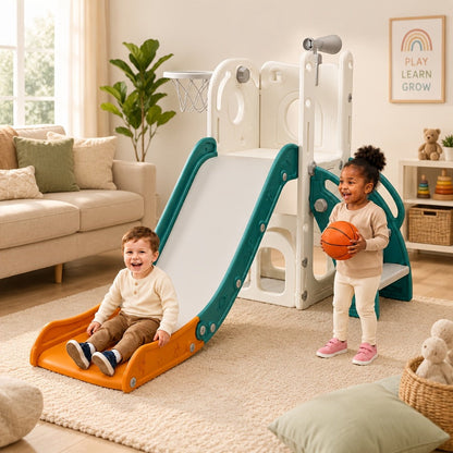 Toddler Slide & Climber Playset L-Shaped Indoor Outdoor Playground with Basketball Hoop Storage Telescope Easy Assembly Birthday Gift Boys Girls