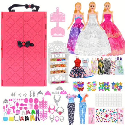 Fashion Doll Wardrobe Set 140pcs for 11.5 Inch Dolls – Deluxe Closet with Wedding Dress, Evening Gowns, Princess Dresses, Shoes, Necklaces & Accessories, Doll Included, Gift for Girls Ages 6-12