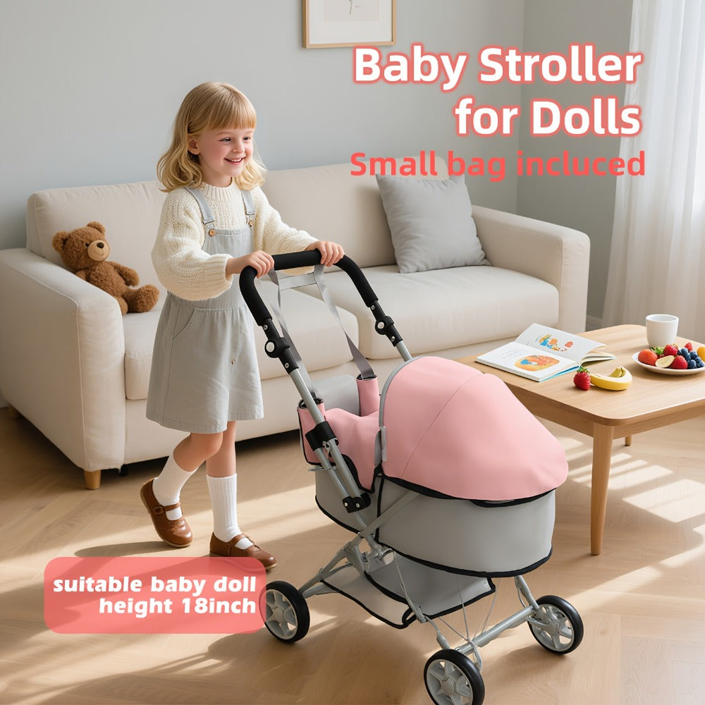 Foldable Doll Stroller with Adjustable Handle 39-68cm – Grey & Pink Baby Doll Pram for 16-20 Inch Dolls, Storage Basket & Shoulder Bag Included, Ergonomic Role-Play Gift for Girls Ages 3+
