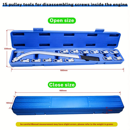 15pcs  Auxiliary Belt Tensioner Pulley Removal Tool Kit, Engine Belt Removal Tool,  Auxiliary Imitation Wheel Tensioner Pulley Removal Kit with Multi-Size Adapters & Carrying Case