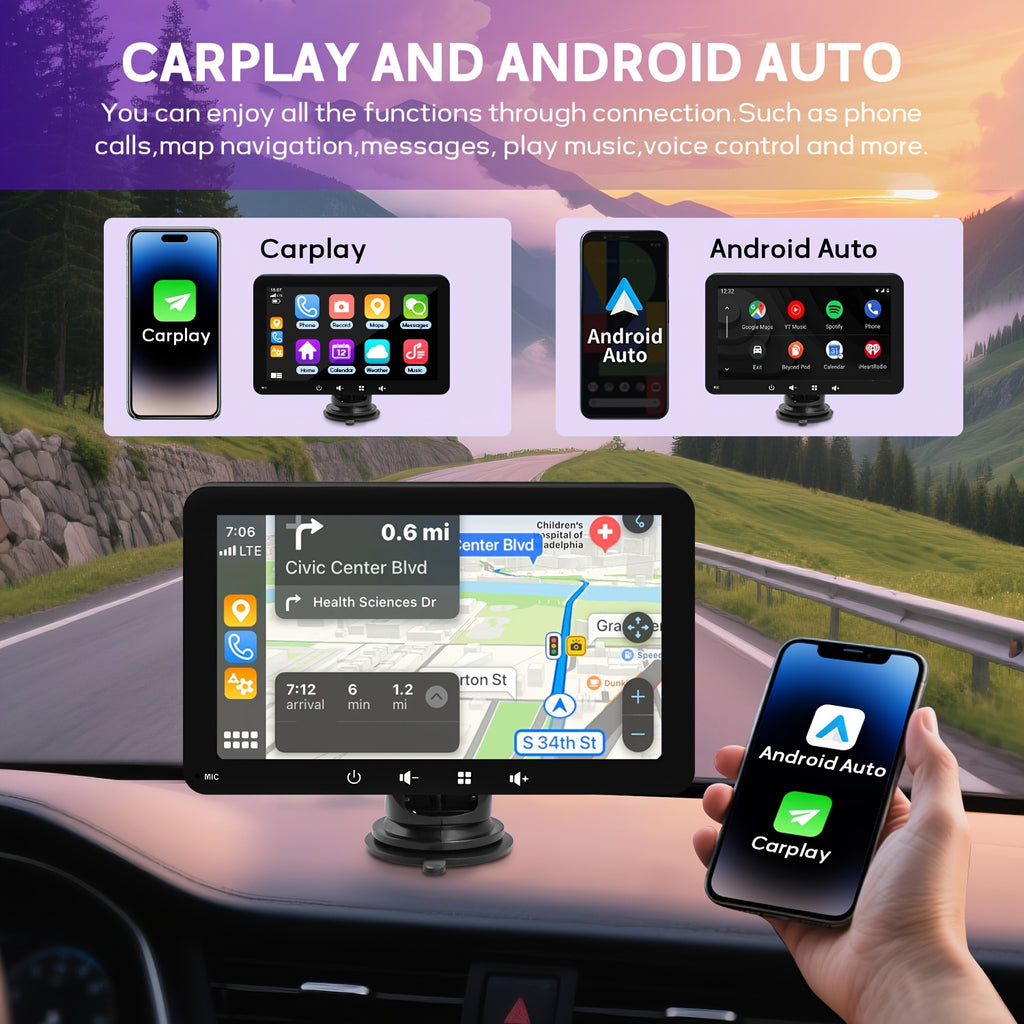 2026 New 7-Inch Wireless Car Display with Touch Buttons Below Features: - Built-In Car Audio System - Ultra-Hd Touchscreen - 1080P Rearview Camera - Dashcam - Wireless Connectivity - GPS Navigation - Supports Carplay, Android Auto