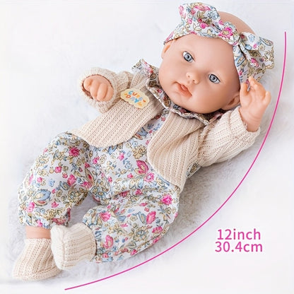 Floral Dress Baby Doll 12 Inch with Rabbit Plush Toy Gift Set – Realistic Vinyl Doll with Floral Outfit, Headscarf, Socks & Bunny Toy, Creative Dress-Up Playset for Girls Ages 3+, Birthday Holiday Gift