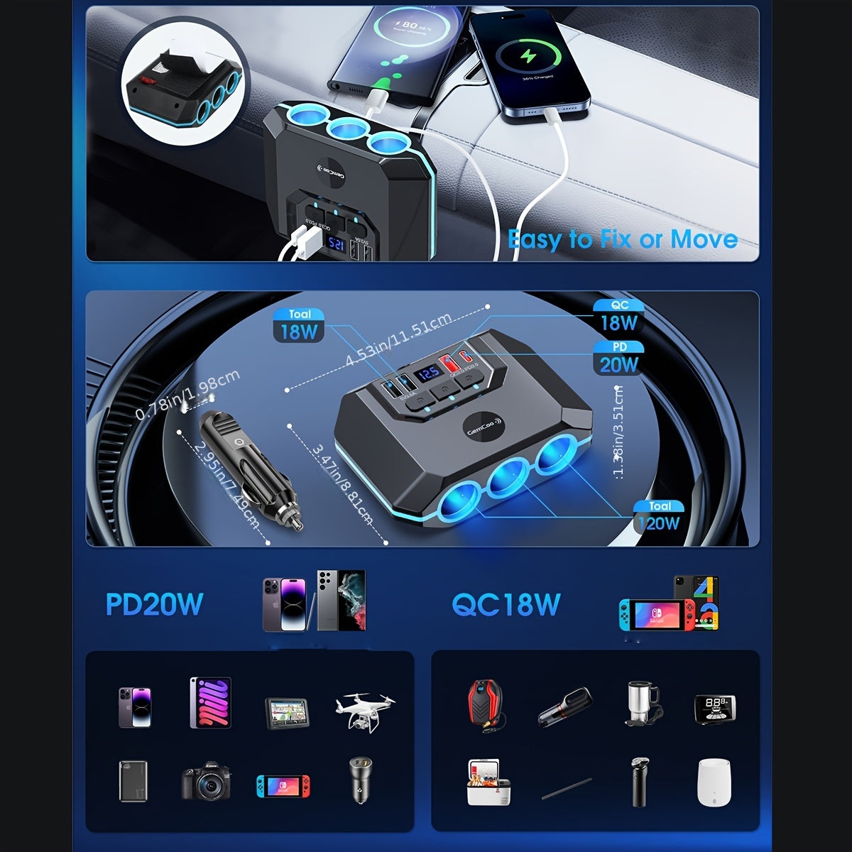 QC3.0 Car Lighter Socket Splitter Upgrade, 120W, Featuring 3 Sockets And 4 USB Ports with Dual PD 36W/QC3.0 Rapid Charging, LED Voltmeter, Individual Switches, 30-Inch Cable, Compatible with 12V-24V Vehicles