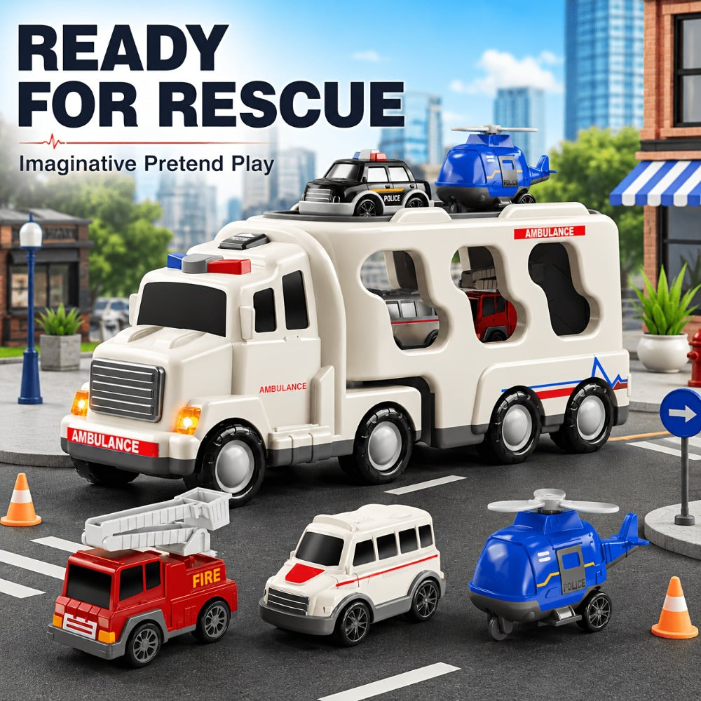 Ambulance Carrier Truck Toy Set 5-in-1 with Light & Sound for Kids Ages 3-8 – Friction Powered Rescue Vehicle Playset Fire Truck Police Car Helicopter Mini Cars Birthday Christmas Gift Boys Girls