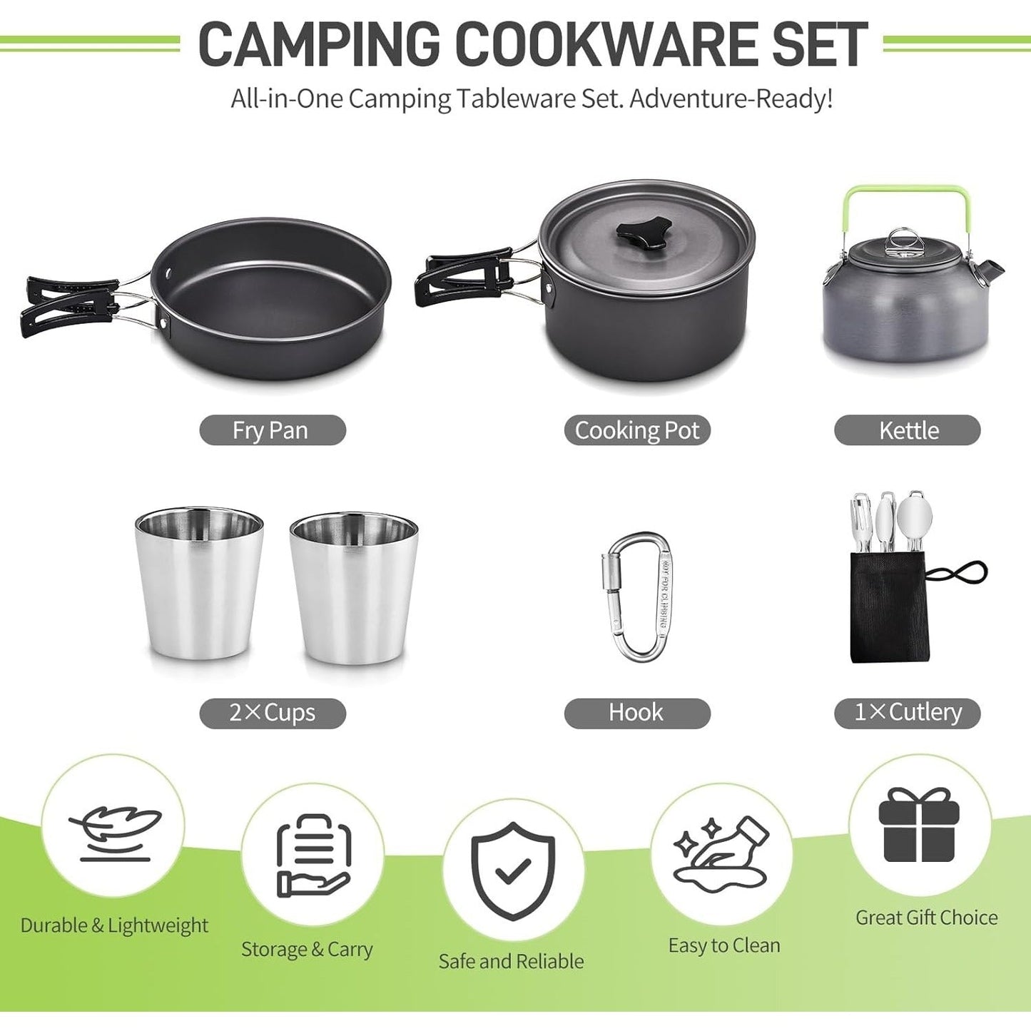 Backpacking Cookware Mess Kit 19/27pcs – Non-Stick Pot Pan Kettle with Stainless Steel Cutlery, Lightweight Camping Cook Set for Open Fire, Hiking & Outdoor Cooking