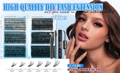 Lash Clusters Kit 720Pcs Individual Eyelash Extensions 30D 50D 80D 100D C Curl Wispy Cluster Lashes with Bond Glue & Tweezers – Complete DIY Lash Extension Kit for Beginners, Natural to Dramatic Eye Look