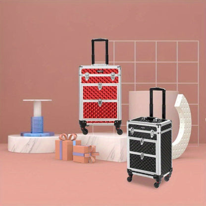 Makeup Train Case Rolling Aluminum Lockable Trolley with 4 Wheels 2 Sliding Drawers Telescopic Rod Portable Cosmetic Organizer Suitcase for Makeup Artists Salon Travel Beauty Storage Black