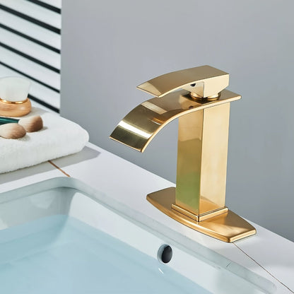 Waterfall Bathroom Sink Faucet, Single Hole or 3-Hole Mixer Tap with 6" Deck Plate, Ceramic Valve, Vanity Faucet for Farmhouse RV Bathroom, Brushed Gold Matte Black Nickel Chrome
