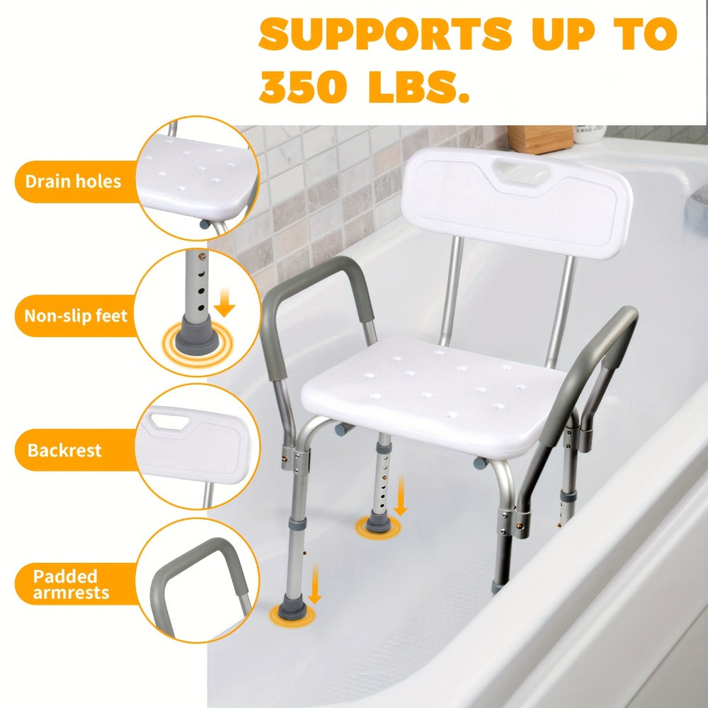 Shower Chair with Armrests & Backrest – Height Adjustable Aluminum Bath Seat, 350 LBS Capacity, Non-Slip Rubber Feet, Cushioned Support for Elderly, Disabled & Post-Surgery, Fits Most Showers & Tubs