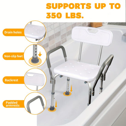 Shower Chair with Armrests & Backrest – Height Adjustable Aluminum Bath Seat, 350 LBS Capacity, Non-Slip Rubber Feet, Cushioned Support for Elderly, Disabled & Post-Surgery, Fits Most Showers & Tubs