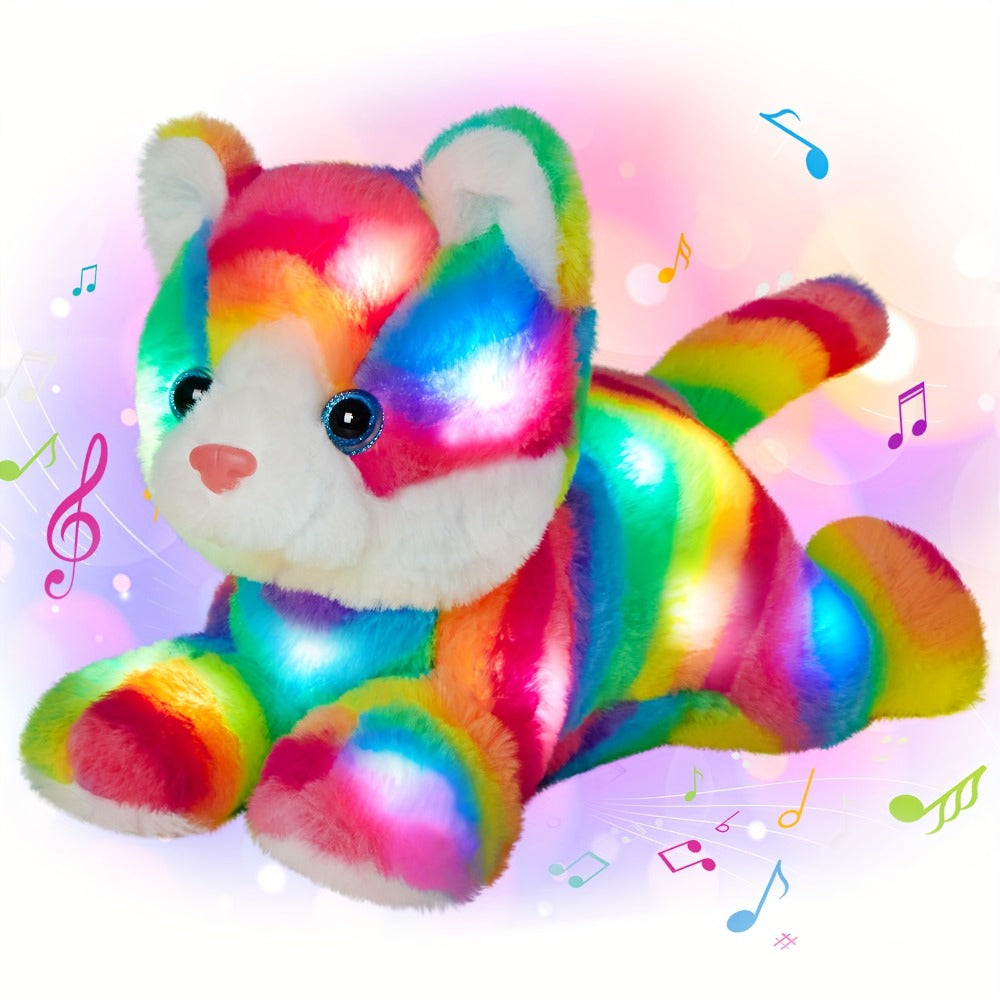 Glowing Rainbow Cat Stuffed Animal Plush Toy — Colorful LED Light Up Musical Soft Plush Kitten Doll for Kids Girls Boys | Birthday Christmas New Year Party Gift | Room & Party Decor
