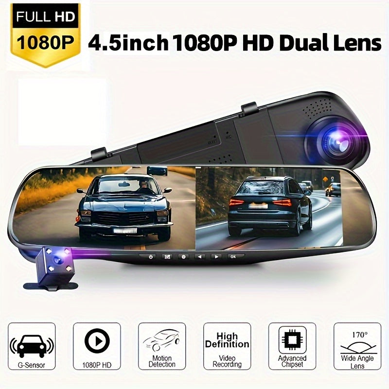 1080P Full HD Dual Lens Car Camera, Front & Rear Interior Cam With Night Vision, 24H Parking Mode, WDR, G-Sensor, Motion Detection, Magnetic Mount, Push Button Control, Smartphone Compatible, Support No Card/32g Card/64g Card Optional