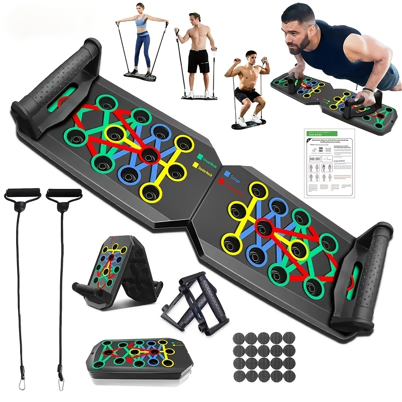 Push Up Board Multifunctional Color-Coded Chest Workout System, Adjustable Home Gym Equipment for Chest, Shoulders, Triceps & Back Strength Training, Lightweight Durable Frame with Resistance Bands & Pull Ropes