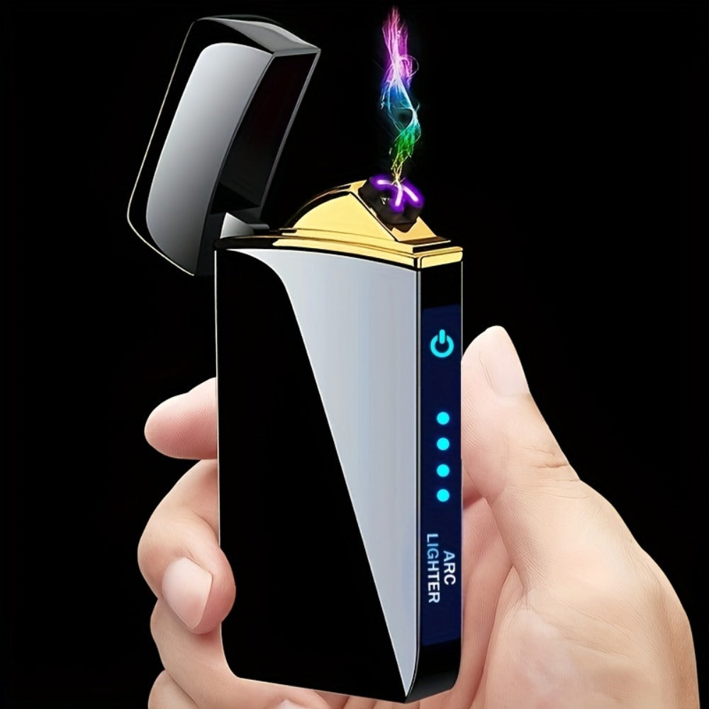 Electric Plasma Lighter USB Rechargeable – Windproof Dual Arc, LED Power Display, Touch Induction | Compact Metal Design for Outdoor Camping, Hiking & Survival | 2 Colors & 6 Styles