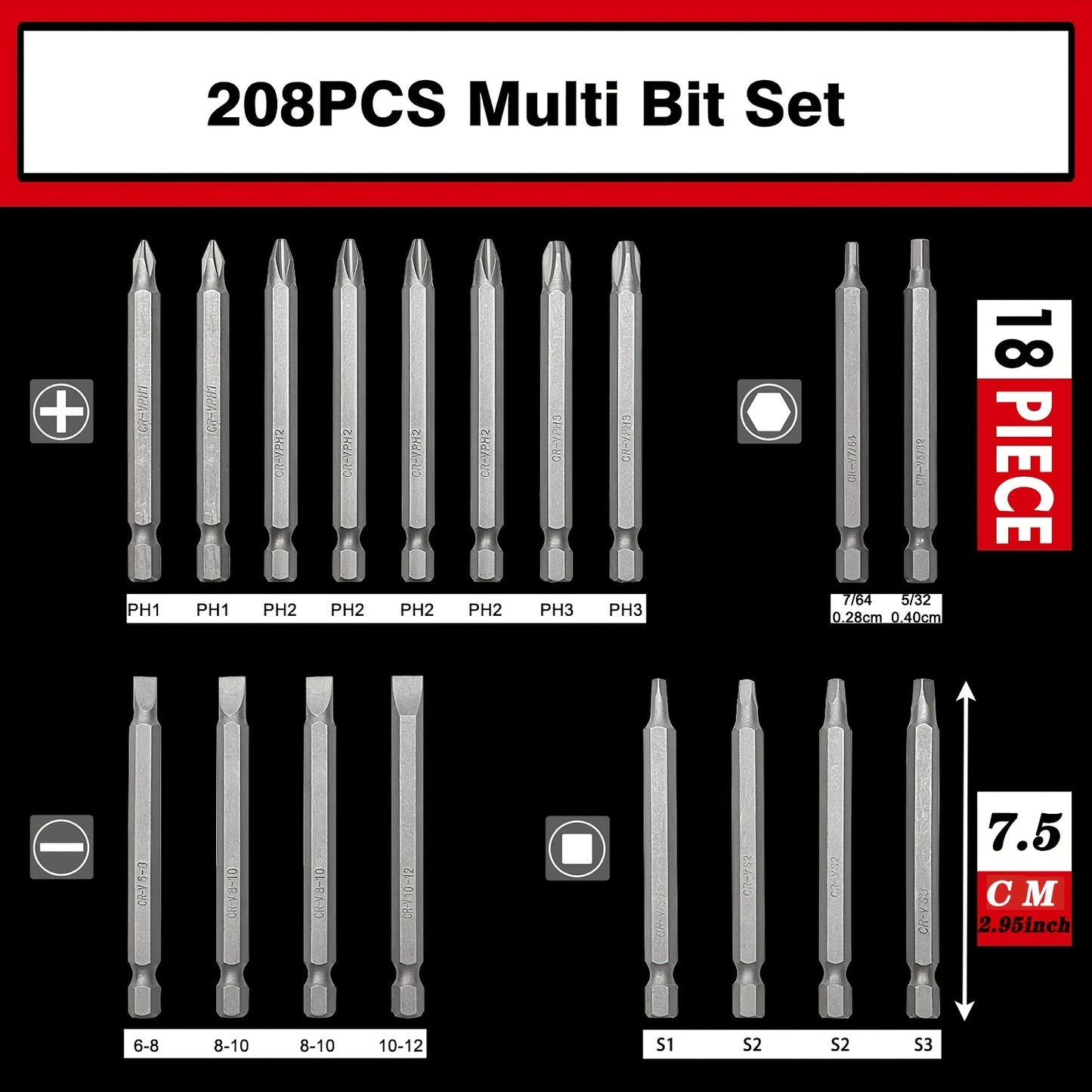 208pcs Of Screwdriver Bit Kit, Impact Bit Kit, High-carbon Steel Drill Bit Kit, with Safety Drill Bit, Nut Driver, Torx, Slotting, Phillips, Square, Hexagonal, Sleeve, Toolbox