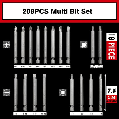 208pcs Of Screwdriver Bit Kit, Impact Bit Kit, High-carbon Steel Drill Bit Kit, with Safety Drill Bit, Nut Driver, Torx, Slotting, Phillips, Square, Hexagonal, Sleeve, Toolbox