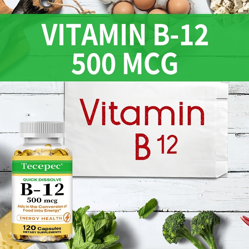 Vitamin B12 500mcg Capsules 120 Count for Women Men – Supports Energy Nervous System Cardiovascular Health Nutrient Absorption Daily Vitality Premium Formula Dietary Supplement