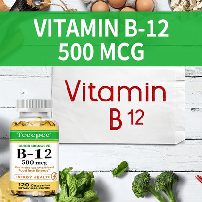 Vitamin B12 500mcg Capsules 120 Count for Women Men – Supports Energy Nervous System Cardiovascular Health Nutrient Absorption Daily Vitality Premium Formula Dietary Supplement