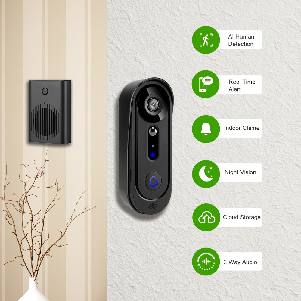 Video Doorbell Camera 1080P HD Wireless with Night Vision, Motion Detection, Two-Way Audio, Indoor Chime & Cloud Storage – 5200mAh Battery, 166° Wide Angle, 2.4GHz WiFi Smart Door Camera