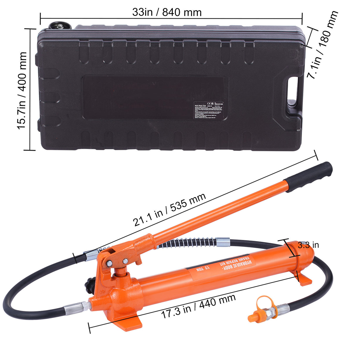 VEVOR 12 Ton Porta Power Kit, Hydraulic Ram with Pump with 4.6 ft/1.4 m Oil Hose, Portable Hydraulic Jack with Storage Case for Automotive, Garage, Farm, Mechanic (26455 LBS)