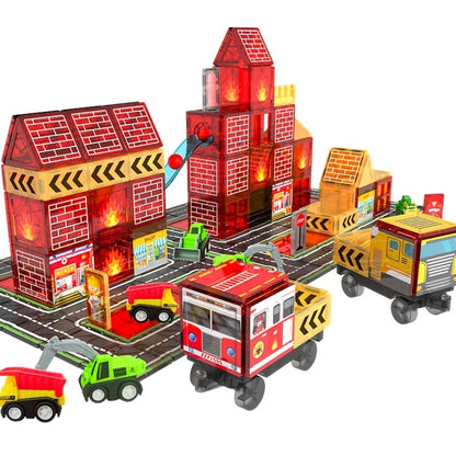 Magnetic Tiles Firefighting Theme Building Set for Kids – Fire Truck Fire Station Roads Crane & Car Toys, STEM Educational Magnetic Blocks for Boys Ages 3 4 5 6, Birthday Gift for Young Builders