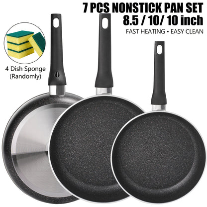 Nonstick Frying Pan Set 7pcs – 8.5" & 10" Aluminum Skillets with Deep Frying Pan, Fast Heating, Easy Clean – Durable Cookware Set with 4 Dish Cloths for Home Kitchen & Camping