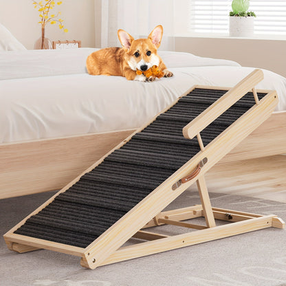 Dog Ramp for Bed & Sofa – Foldable Wooden Pet Ramp with Safety Guards, Adjustable Height, Holds 250 lbs, Indoor Outdoor Dog Steps for Small Medium Large Dogs, Couch Car Ramp