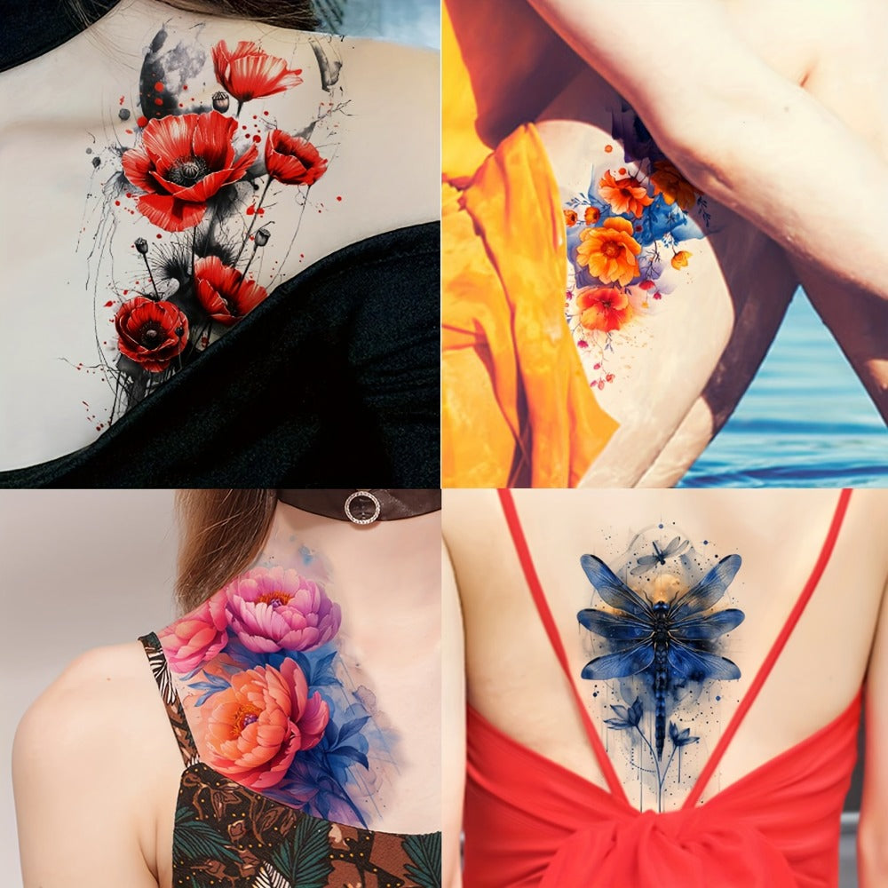 Watercolor Temporary Tattoos 24 Sheets for Women & Kids – Large Realistic Fake Tattoo Stickers Flower & Animal Designs Long Lasting Body Art Half Arm Tattoos
