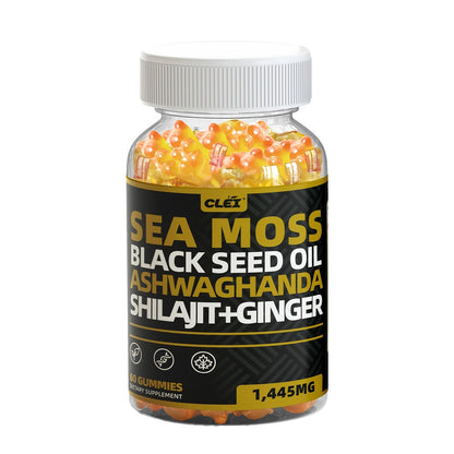 Immune Support Gummies with Sea Moss 1445mg – 10-in-1 Superfood Blend with Black Seed Oil, Ashwagandha, Elderberry, Turmeric, Bladderwrack, Chlorophyll, Shilajit & Ginger – 60 Count Daily Wellness Supplement