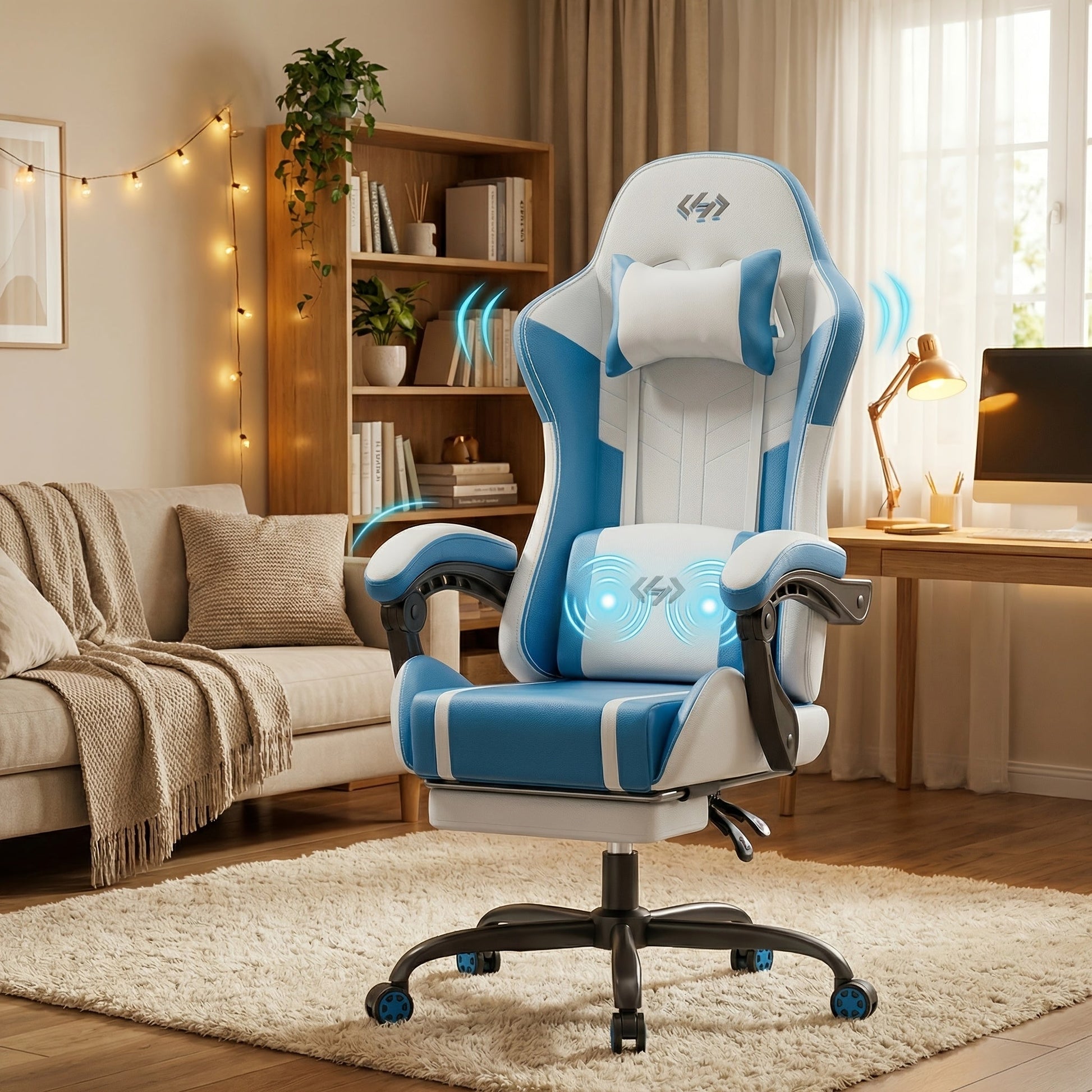 Gaming Chair shown in the 5-wheel gaming chair (1-pack) in white and blue option