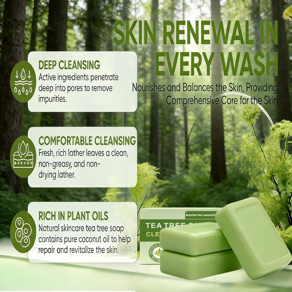 Tea Tree Bar Soap 3 Pack Handmade Plant Essence Deep Cleansing Antibacterial - Pore Purifying Natural Fragrance Face Body Wash for Acne Oily Skin All Skin Types